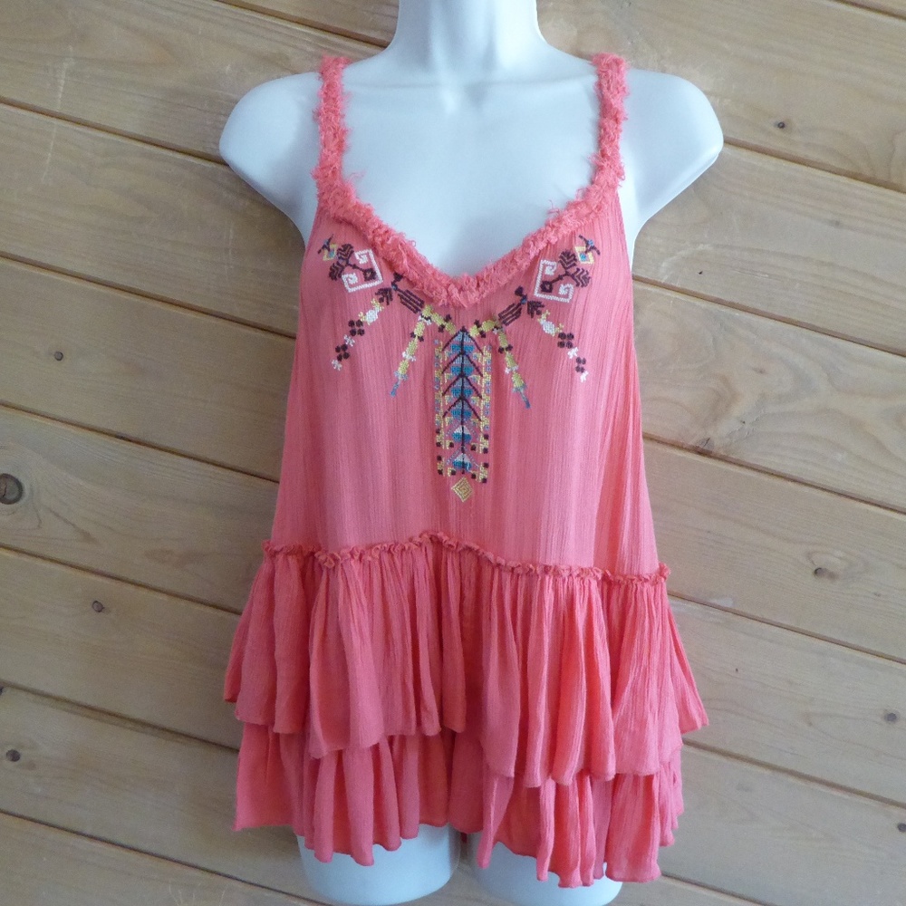 Free People Coral Orange Pink Aztec Tribal Southwest Embroidery Tiered Cami Top